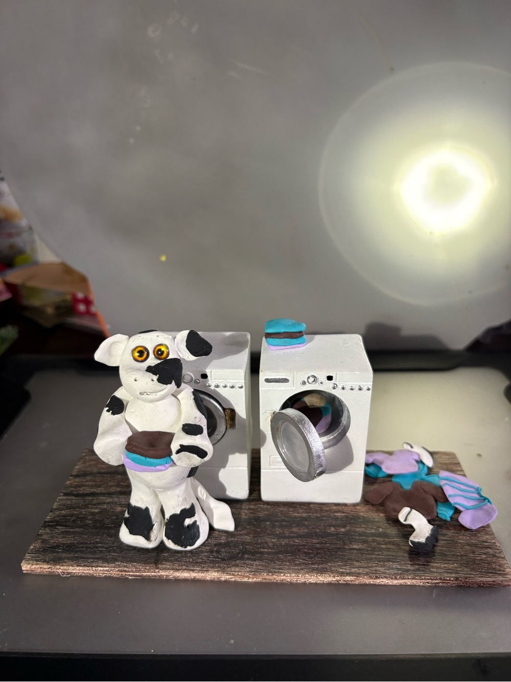 Handmade Cow Figurine with Mini Washing Machines - White, Black & Teal Accents